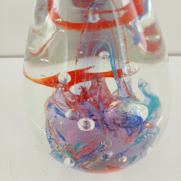Art Glass Hand Blown Paperweight Teardrop Shape w/ Fish Blue Red Swirl Decor 4" - Picture 2 of 7